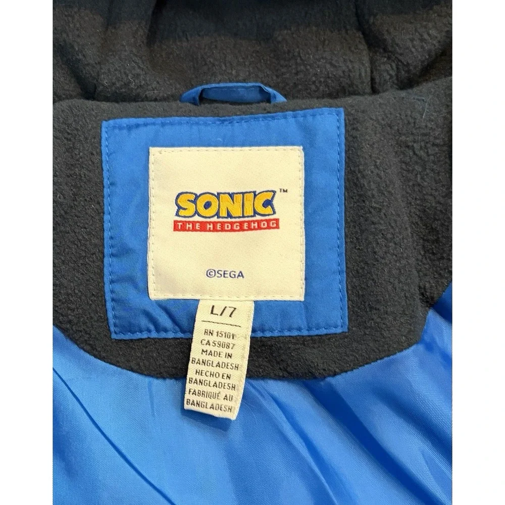 Sonic The Hedgehog Puffer Jacket Kids L/7 Blue Hooded Coat Sega Gamer Outdoor